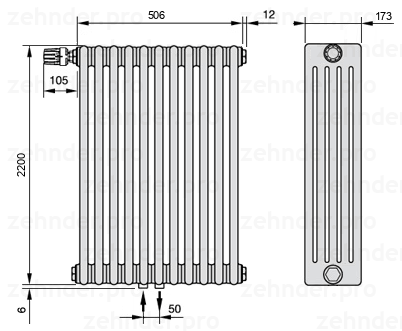 Схема (чертеж) Радиатор Zehnder Charleston 5220/11 №V007 Белый глянцевый RAL 9016